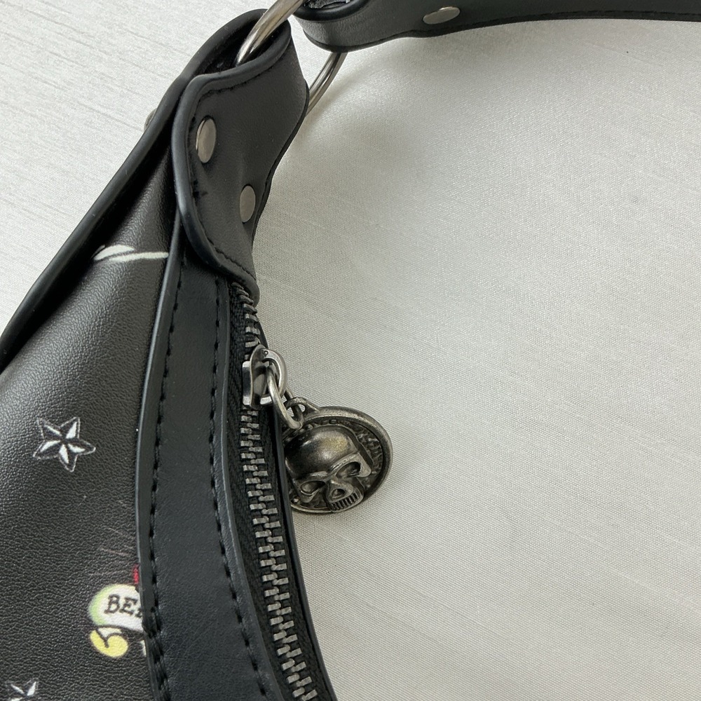 Ed Hardy Studded Tattoo Shoulder Bag Skull Tiger Rose Black Multicolor Goth NWT - Picture 5 of 10